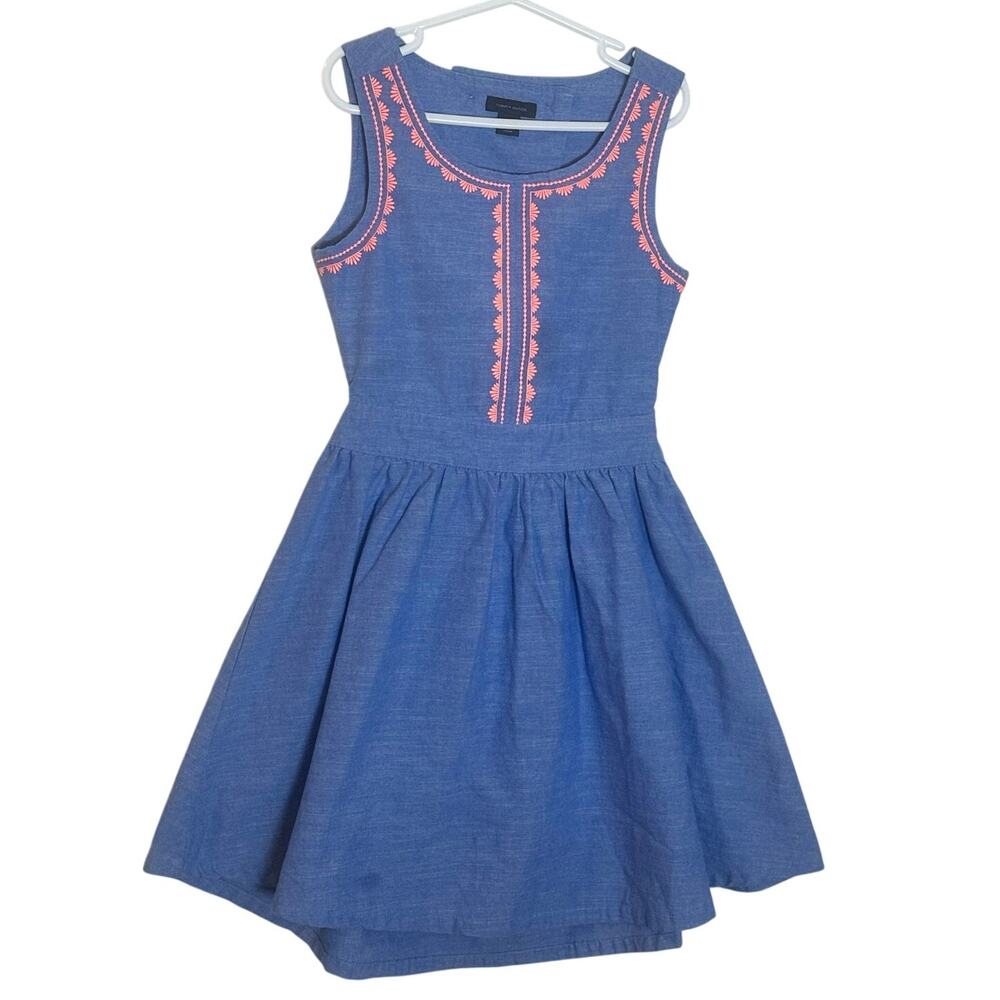 Tommy Hilfiger Girls Chambray Dress 7 Blue Coral Embroidered Open Back Preppy